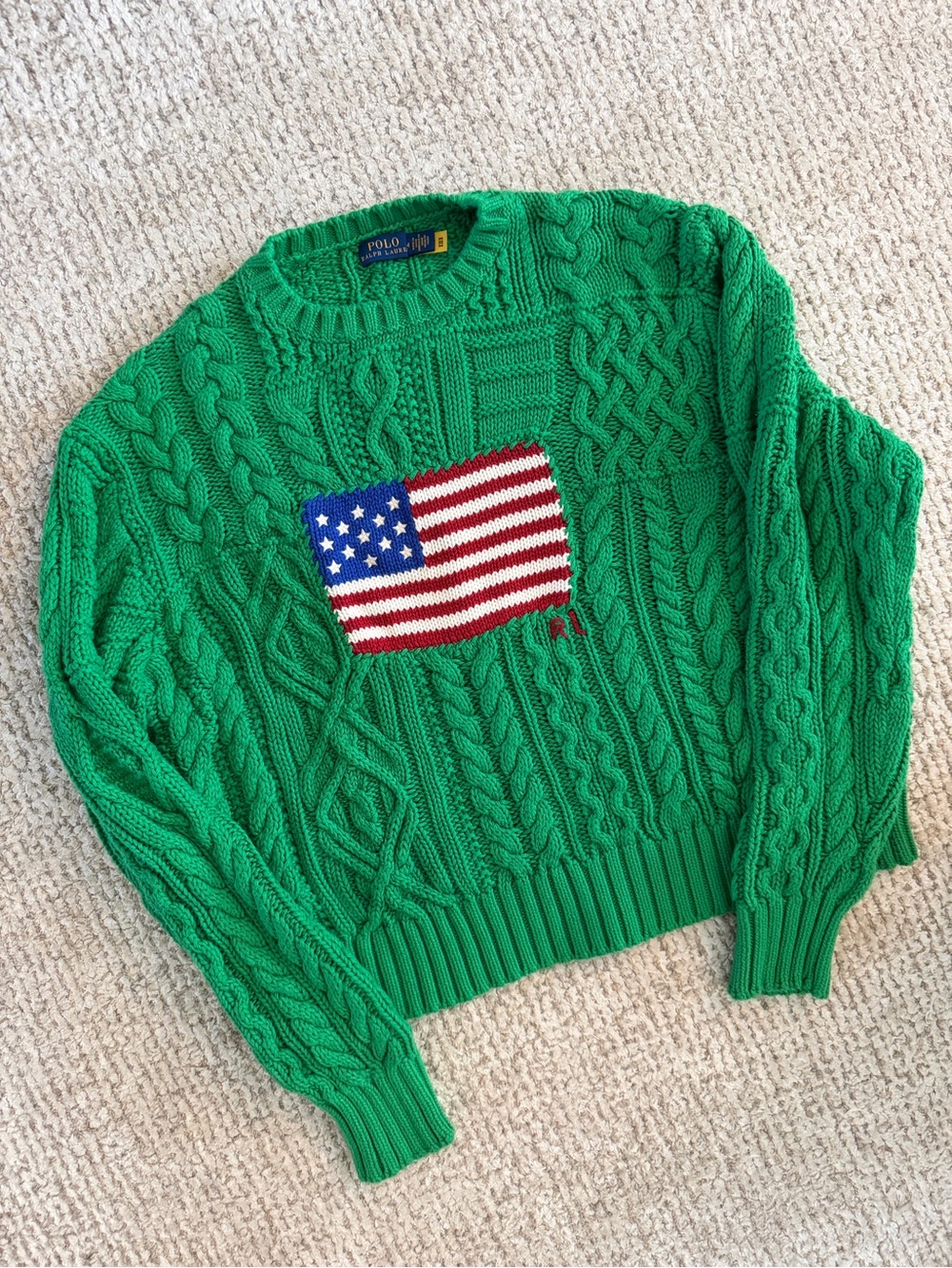 Polo by Ralph Lauren Kelly Green Cable-Knit Crewneck with Flag Patch